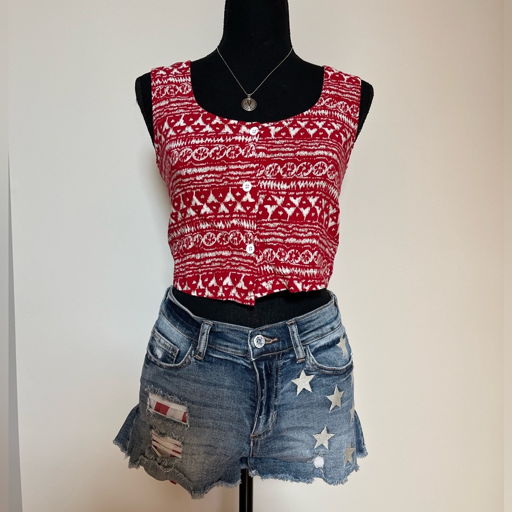 Red Crop-Top Paired with Blue Jean Shorts from VonMaur